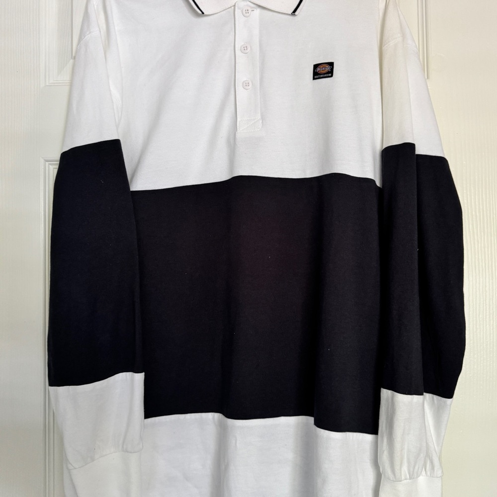 Dickies Men's Black and White Long Sleeve Oversized Rugby Polo Medium